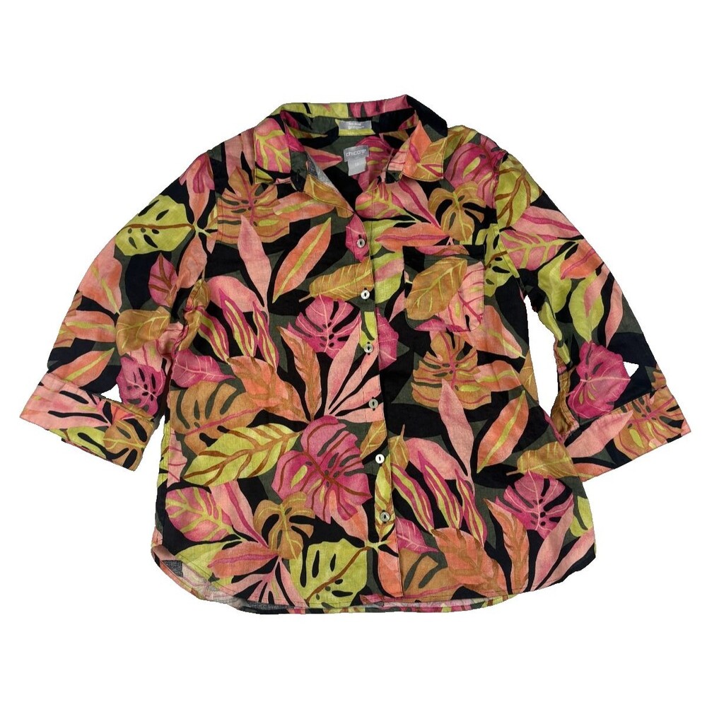 Chicos No Iron FreshChic Linen Tropical Leaf Button Up Shirt Blouse Womens 1P